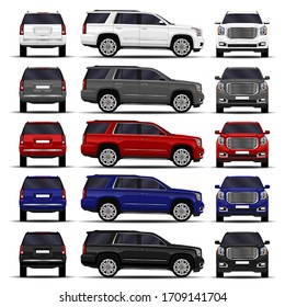 realistic SUV cars set. front view; side view; back view.