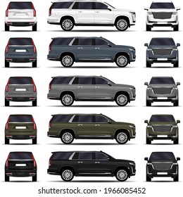 Realistic SUV cars set. Front view; side view; back view.