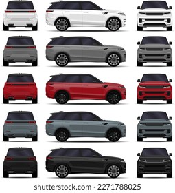 realistic SUV cars set. side view, front view, back view.