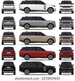 realistic SUV cars set. side view, front view, back view.