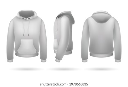 Realistic sweatshirt with hood. Front side and back male pullover template, hoodie jacket mockup design vector illustration, blank fashion casual long sleeve hoody
