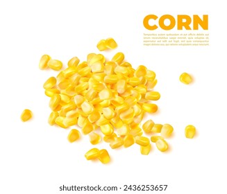 Realistic sweet boiled corn kernels pile stack. Isolated sweetcorn. 3d vector mound of golden, glistening maize seeds, burst with savory sweetness, creating a delightful symphony of flavor and texture