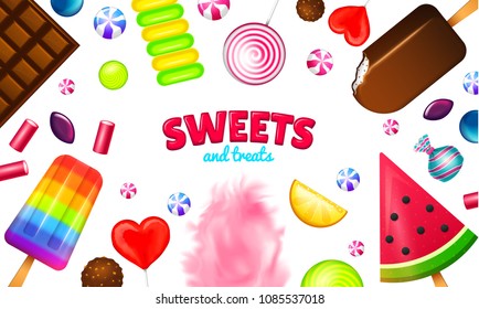 Realistic Sweet candies. Swirl caramel, assorted circle lollipops, dragee and chocolates, fruit jelly, Sugar clouds, cotton and watermelon. 3d game background. holiday colors in modern style.