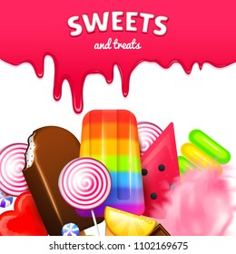 Realistic Sweet candies. Swirl caramel, assorted circle lollipops, dragee and chocolates, fruit jelly, Sugar clouds, cotton and watermelon. 3d game background. holiday colors in modern style.