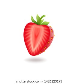 Realistic sweet half cut strawberry with green leaves, fresh red berrie, isolated on white background vector illustration