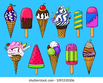 Realistic Sweet ice cream with caramel and waffle cone, chocolate and lollipops and strawberry, tasty fruit jelly and watermelon. Holiday colors in modern style. Engraved hand drawn vintage sketch.