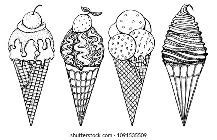 Realistic Sweet ice cream with caramel and waffle cone, chocolate and lollipops and strawberry, fruit jelly and watermelon. Holiday colors in modern style. Engraved hand drawn vintage sketch.