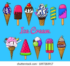 Realistic Sweet ice cream with caramel and waffle cone, chocolate and lollipops and strawberry, fruit jelly and watermelon. Holiday colors in modern style. Engraved hand drawn vintage sketch.