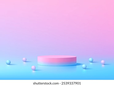 Realistic sweet pink and blue 3D cylindrical podium background with sphere balls. Minimalist mockup pedestal or abstract cosmetic product display presentation, Stage showcase. Platforms vector design.