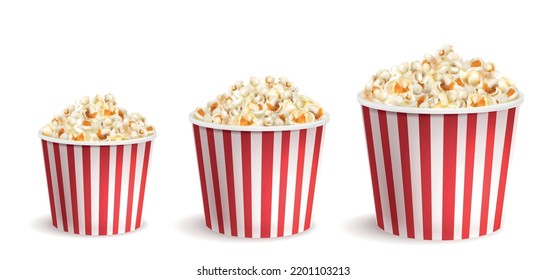 Realistic sweet and salty popcorn in striped buckets icons set isolated vector illustration