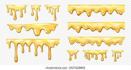 Realista dulce amarillo miel derretir goteo. Sabroso néctar, ámbar fundido, jarabe de caramelo o salsa aislado líneas de vector. Dulce miel postre goteando y fluyendo por los bordes líquidos 3d y divisores establecidos