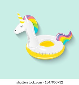 Realistic swimming inflatable circle in the form of a unicorn. Pool float. Inflatable colorful unicorn. Swimming circle. Life buoy.  Realistic summertime illustration. Vector template for your summert