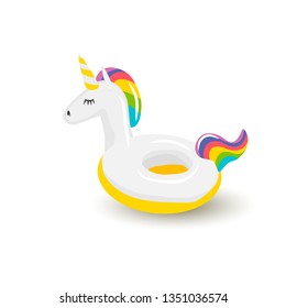 Realistic swimming inflatable circle in the form of a unicorn. Pool float. Inflatable colorful unicorn. Swimming circle. Realistic summertime illustration. Vector template for your summertime design