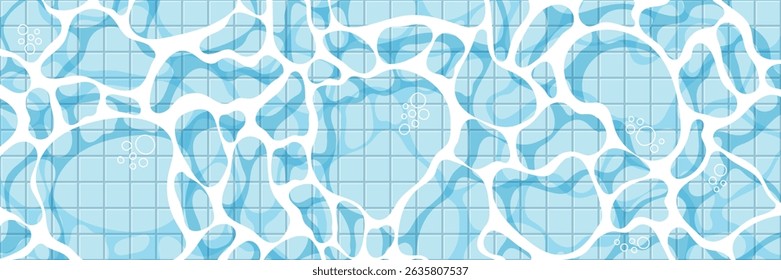 Realistic swimming pool bottom background. Spa pool top view with water surface texture and tiled floor