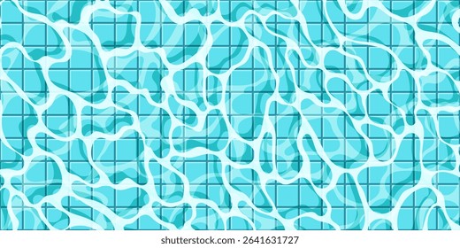 Realistic swimming pool bottom background. Spa pool top view with water surface texture and tiled floor