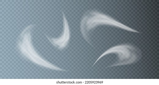 Realistic swirl shape steam smoke set. White smoke waves of hot drink, coffee, cigarettes, tea or food. Fog flow swirl layout.