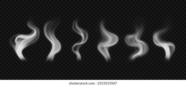 Realistic swirl steam, smoke from food or hot drink isolated on transparent backdrop. Set of white fog waves. Vector design elements.