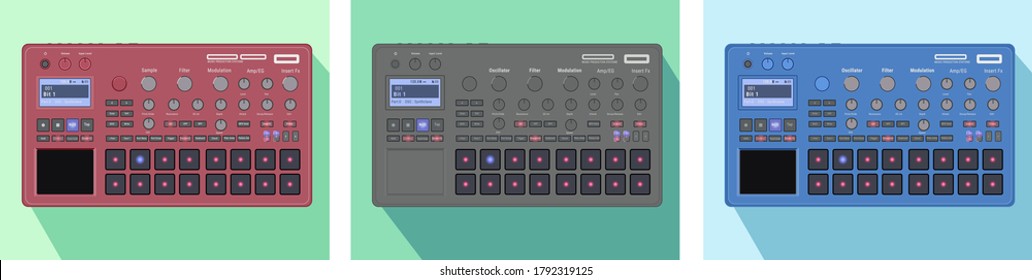 Realistic synthesizer with drum machine, sampler, groove box functions. Popular models of equipment for electronic music. Line of musical instruments in different colors. Visual material for a T-shirt