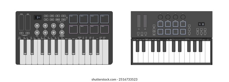 Realistic synthesizers, midi controller. Two octaves, keys, pads and buttons. Digital music instrument.