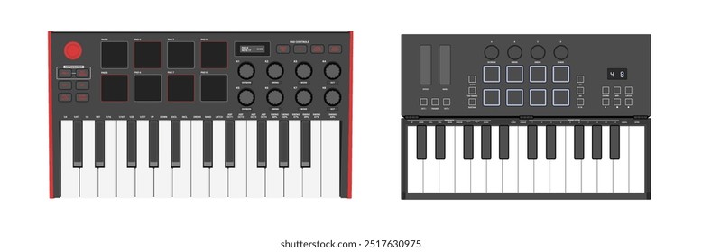 Sintetizadores realistas, controlador midi. Duas oitavas, chaves, botões e almofadas. Instrumento de música digital.