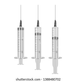 Realistic Syringe 20 ml with hypodermic needles on white background, medical single use syringes. Vector EPS 10 illustration