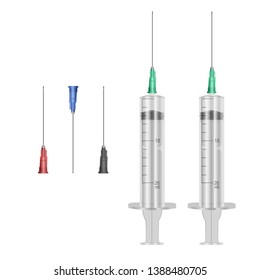 Realistic Syringe 20 ml with hypodermic needles on white background, medical single use syringes. Vector EPS 10 illustration