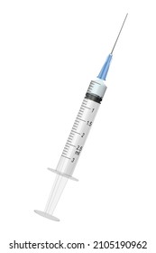 Realistic syringe with liquid. Medical equipment for injection. Graphic vector clip art. EPS10.