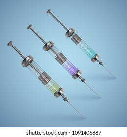 Realistic syringe with liquid on light background, iron syringe, vector illustration