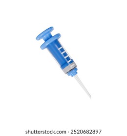 Realistic syringe with needle 3D plastic cartoon style icon. Volume disposable equipment for medicine injections. Medical device for vaccination. Vector render illustration isolated on white