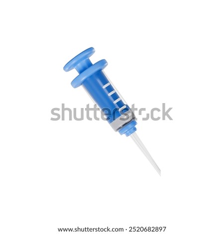 Realistic syringe with needle 3D plastic cartoon style icon. Volume disposable equipment for medicine injections. Medical device for vaccination. Vector render illustration isolated on white