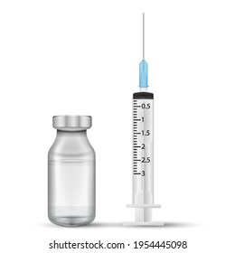 Realistic syringe and vaccine vial. Vector illustration. Eps 10.