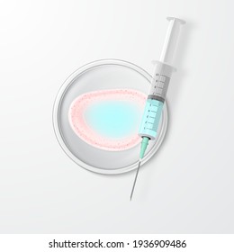 A realistic syringe with a virus vaccine over a glass Petri dish with a coronavirus. Vector illustration.