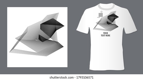 Realistic t shirt mock up with print abstract geometric monohrome pattern on white background. Can be used for editing and printing on style tee-shirt. Vector illustration EPS 10