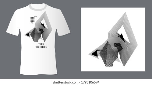 Realistic t shirt mock up with print abstract geometric monohrome pattern on white background. Can be used for editing and printing on style tee-shirt. Vector illustration EPS 10