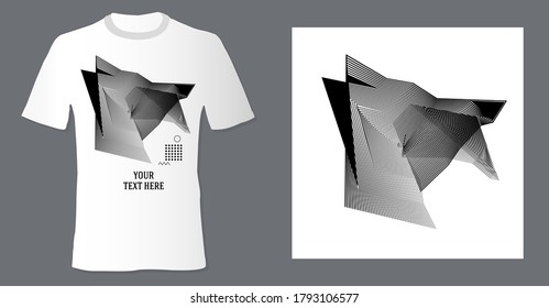 Realistic t shirt mock up with print abstract geometric monohrome pattern on white background. Can be used for editing and printing on style tee-shirt. Vector illustration EPS 10