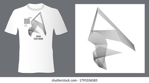 Realistic t shirt mock up with print abstract geometric monohrome pattern on white background. Can be used for editing and printing on style tee-shirt. Vector illustration EPS 10