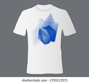 Realistic t shirt mock up with print abstract geometric monohrome pattern on white background. Can be used for editing and printing on style tee-shirt. Vector illustration EPS 10