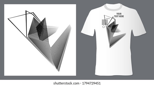 Realistic t shirt mock up with print abstract geometric monohrome pattern on white background. Can be used for editing and printing on style tee-shirt. Vector illustration EPS 10