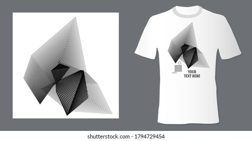 Realistic t shirt mock up with print abstract geometric monohrome pattern on white background. Can be used for editing and printing on style tee-shirt. Vector illustration EPS 10