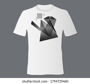Realistic t shirt mock up with print abstract geometric monohrome pattern on white background. Can be used for editing and printing on style tee-shirt. Vector illustration EPS 10