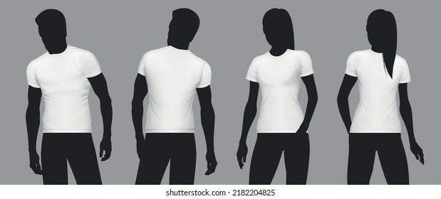 Realistic t shirt mockup silhouette icon set white t shirts worn by male and female models vector illustration