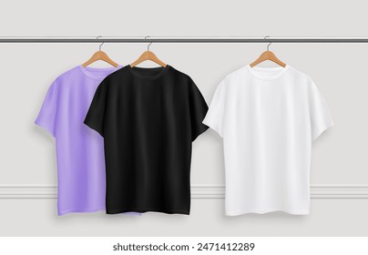 Realistic t shirts on the rack. 3d vector mockup of plain t-shirts trio in purple, black, and white dangles on wooden hangers. Summer collection of essential everyday casual wear, unisex fit wardrobe