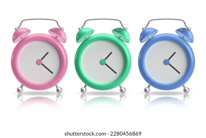 Realistic table clock set. 3D alarm clock. Classic timer. Isolated on white background. Pink, green blue color. Vector illustration