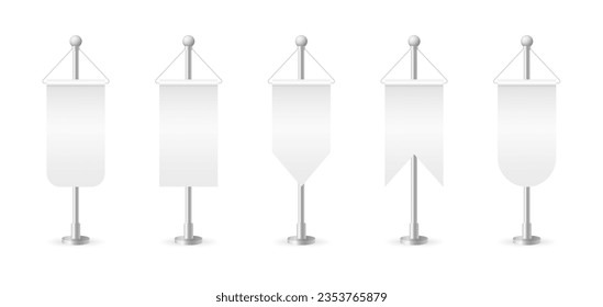 Realistic table flag isolated on white background. Roll up flags banner. White blank desk flag. Shiny metal stand. Mockup flags for promotion, advertising and decoration. Vector illustration