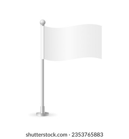 Realistic table flag isolated on white background. Vector table flag make. White blank desk flag. Shiny metal stand. Mockup flags for promotion, advertising and decoration. Vector illustration