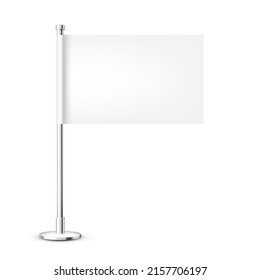 Realistic Table Flag On A Chrome Steel Pole. Blank White Desk Flag Made Of Paper Or Fabric. Shiny Metal Stand. Mockup For Promotion And Advertising. Vector Illustration