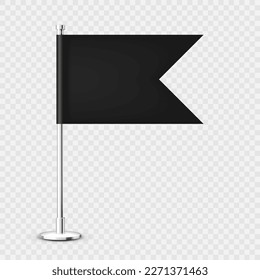Realistic table flag on a chrome steel pole. Blank black desk flag made of paper or fabric. Shiny metal stand. Mockup for promotion and advertising. Vector illustration
