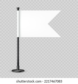 Realistic table flag on a steel pole. Blank white desk flag made of paper or fabric. Black metal stand. Mockup for promotion and advertising. Vector illustration