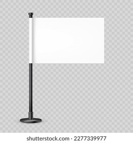 Realistic table flag on a steel pole. Blank white desk flag made of paper or fabric. Black metal stand. Mockup for promotion and advertising. Vector illustration