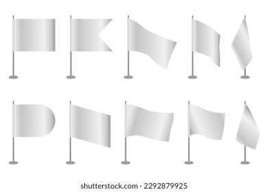 Realistic table flags mega set elements in flat design. Bundle of white flags with different shapes of edges. Empty flagpoles for branding presentation. Vector illustration isolated graphic objects